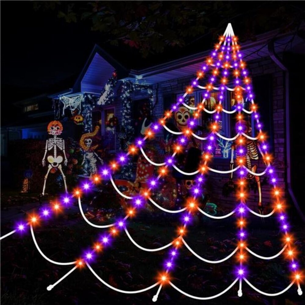 Halloween Decorations Spider Webs Lights: 200 Purple & Orange LED Halloween